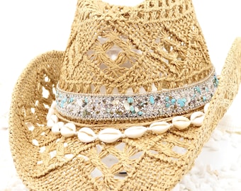 Sandy Golden Turquoise Beach Cowboy Hat -  Shell Band Gold and Silver Rhinestones with Turquoise & Beach Ocean Tones - Sturdy Box