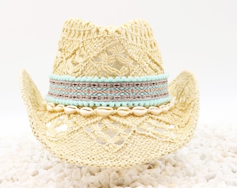 Southwestern Aqua Tribal Band with Cowrie Shells on Natural  Straw Paper Cowboy Hat & Beach Ocean Tones - Sturdy Box