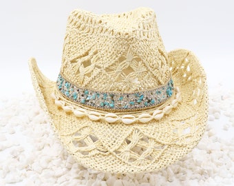 Golden Turquoise Beach Cowboy Hat - Free Shell Band (Removable) Gold and Silver Rhinestones with Turquoise & Beach Ocean Tones - Sturdy Box