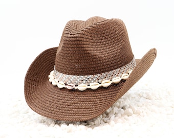 LV Checkered Silver and Rose Rhinestone Band & Seashells on Flat Brown Cowboy - Larger fit Shapeable Outdoor Breathable - Free Hat Retainer