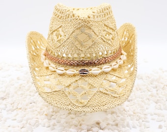 Rose Gold and Seashells on Natural Coral Cowboy Hat - Golden Life - Rose Gold Mirror Band - Shapeable 100% Cotton Straw Outdoor Sturdy Box