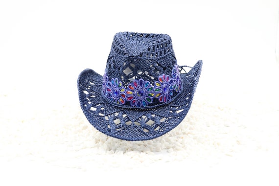 Blue Bling Flower Navy Blue Cowboy Hat 