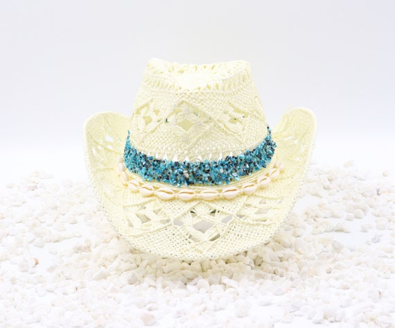 REVOLVE Straw Crochet Cowboy Hat with Turquoise Bead Trim - Cream CTM Women main image 3