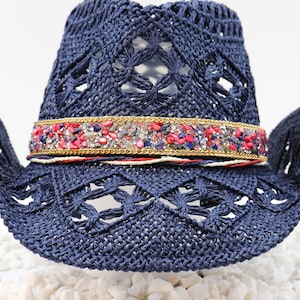 Patriotic Bling - Navy Rhinestone Cowboy Hat with USA Red White Blue Rhinestone Bling Band - Straw Outdoor Breathable Rodeo Hat - Sturdy Box