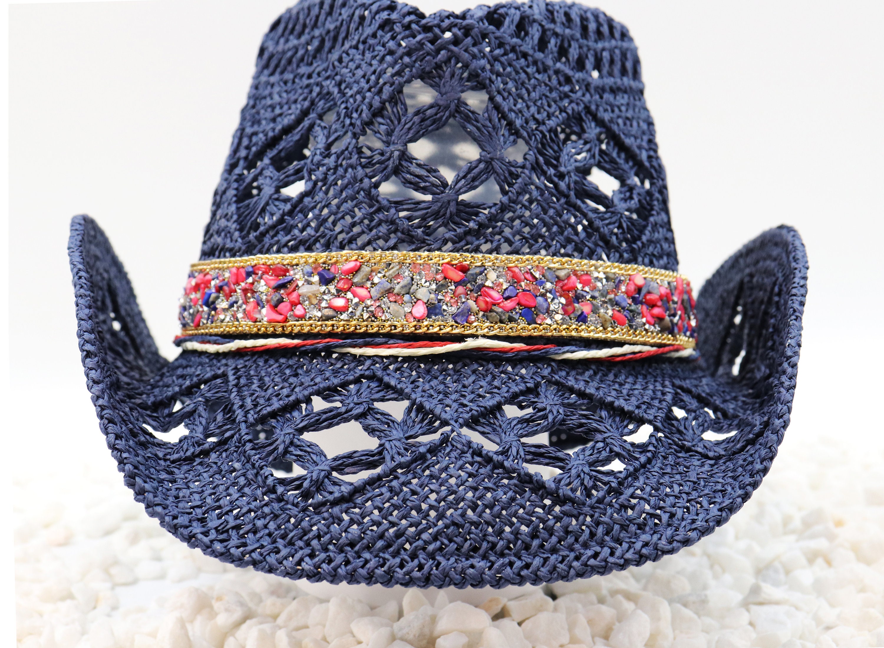 STYLISH VINTAGE NAVY STRAW TAM WITH LIGHT BLUE FEATHER & BEAD TRIM Vintage Dark Blue Wide Brim Hat, Straw with Big Flower  main image 4