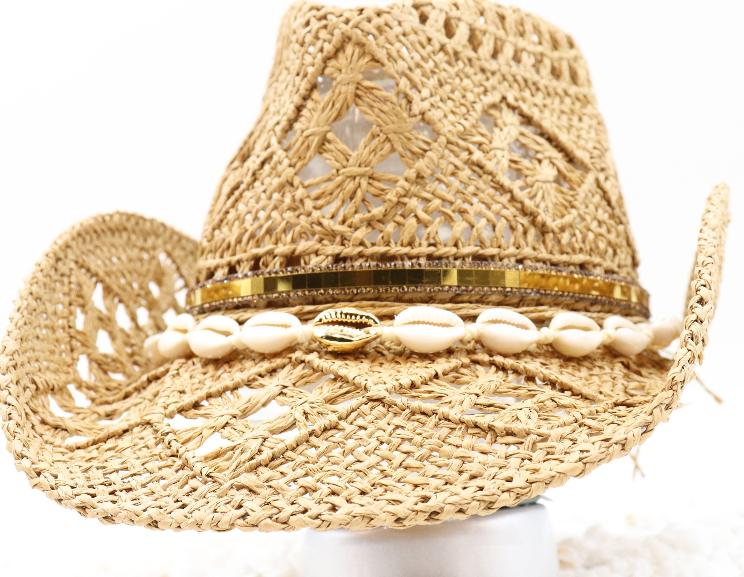 Embellished Natural Straw Sun Hat with Shells and Gold Accent Sexy on the Beach - Red Gold Band and Seashells on Natural  main image 2