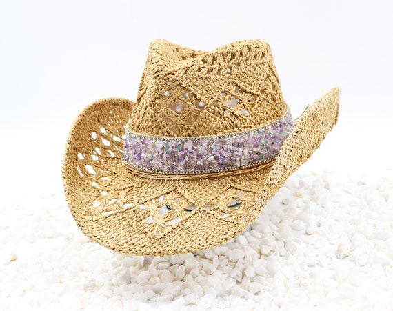 Embellished Women’s Cowboy Hat in Tan with Rhinestone Accents Brown Diamond Cowboy Hat With Double Rhinestone Band  main image 2