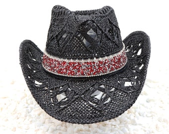 Fire & Ice Night Sparkle - Red and Silver Rhinestones on Black Cowboy Hat - Night Bling - Shapeable 100% Cotton Straw Outdoor Sturdy Box