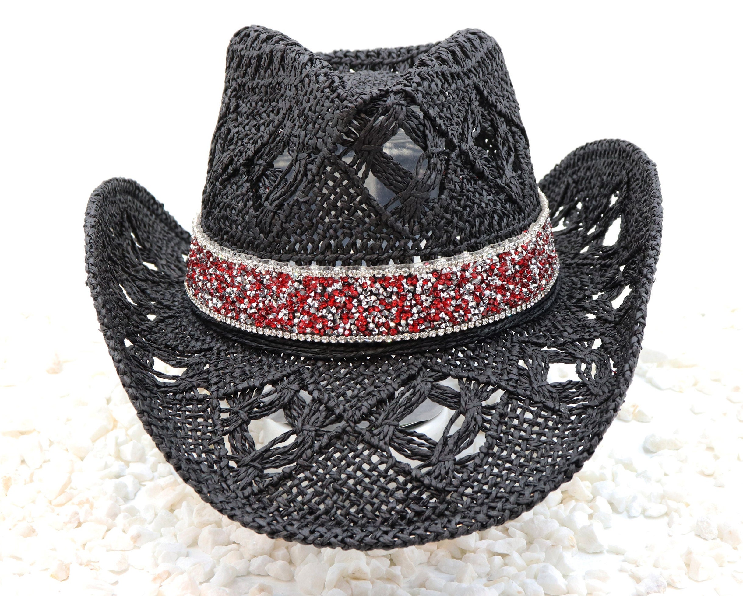 Country Festival bohemian hat! Gorgeous black with red & silver. Rhinestone Cowgirl Women main image 3
