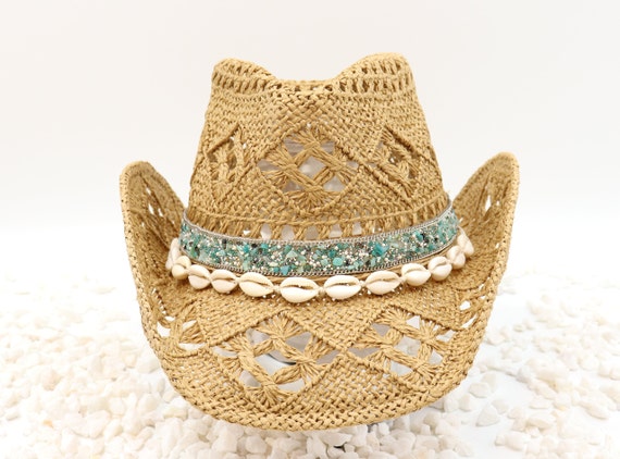 Glacier Bay Tan Beach Hat With Shell Band -Teal Blue Green colored stones and Silver Rhinestones Turquoise & Beach Ocean Tones - Sturdy Box