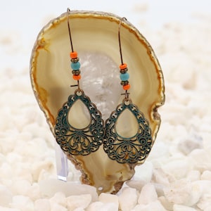 Patina Copper Dangle Design Earring Pair - Bohemian Style Dangle Earrings Rustic Boho Copper Jewelry
