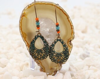 Patina Copper Dangle Design Earring Pair - Bohemian Style Dangle Earrings Rustic Boho Copper Jewelry