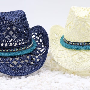 Aztec Boho Ruffle Trim  on Navy / Cream  Cowboy Hat - Beach hat Shapeable 100% Cotton Straw Outdoor Breathable Gardening Hat Sturdy Box