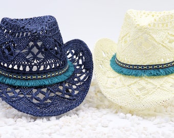 Aztec Boho Ruffle Trim  on Navy / Cream  Cowboy Hat - Beach hat Shapeable 100% Cotton Straw Outdoor Breathable Gardening Hat Sturdy Box