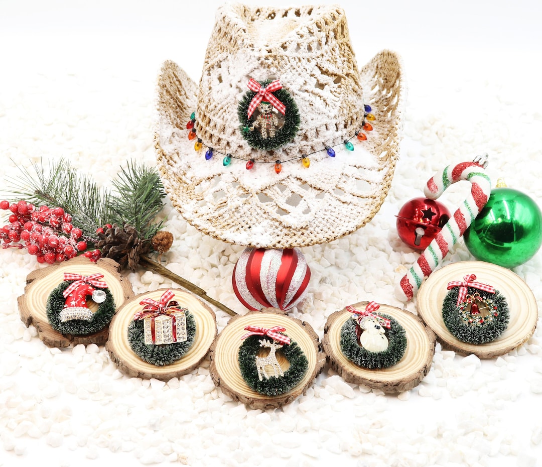 Christmas Cowboy Hat 6 Choices Rhinestone Teddy Bear Wreath Xmas Bulb Light and Permanent Snow 