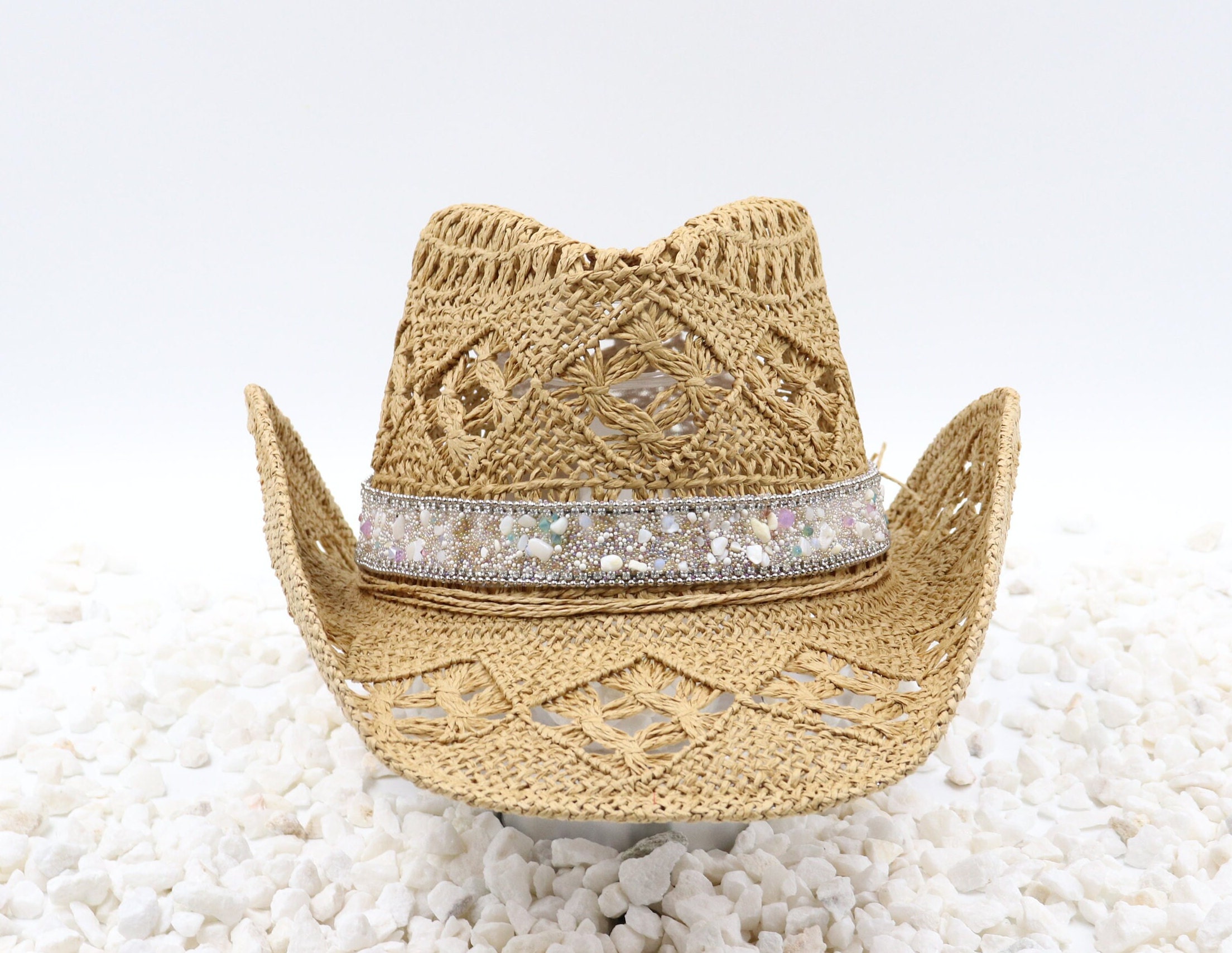 Geodes & Natural Stone Mix Band on Natural Straw Cowboy Hat  display picture 1