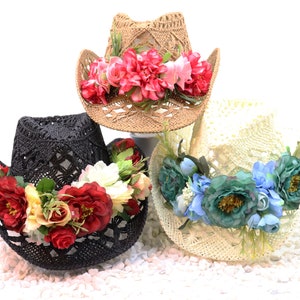Blooms - Designer Bouquet Flower Blends on Natural Cowboy Hat - Shapeable 100% Cotton Straw Outdoor Sturdy Box