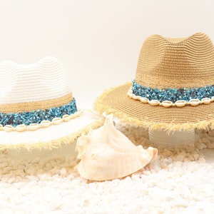 Panama Fray - Natural Hand Woven Fray Straw Hat with Turquoise Rhinestone Band and Cowrie Sea Shell Band - Beach Sun Island Hat Fedora