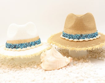 Panama Fray - Natural Hand Woven Fray Straw Hat with Turquoise Rhinestone Band and Cowrie Sea Shell Band - Beach Sun Island Hat Fedora