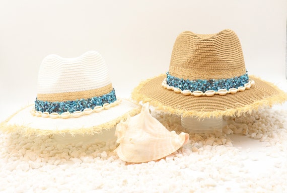 Classic Straw Boater Hat with Cream Ribbon & Turquoise Beaded Band |Coastal Boho Vintage Natural Straw Pale Blue Ribbon Bow Boater Hat, The  main image 2