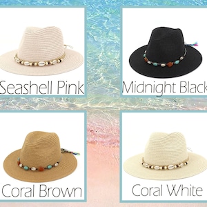 May include: Four straw hats with different colored brims and beaded trim. The hats are labeled "Seashell Pink", "Midnight Black", "Coral Brown", and "Coral White".