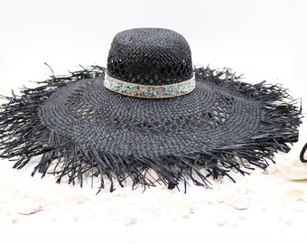 Tommy Bahama Straw Sun Hat Black Fringe Trim Wide Brim OS Adjustable Beach Vaca Tommy Bahama Straw Sun Hat Black Fringe Trim Wide Brim OS  main image 2