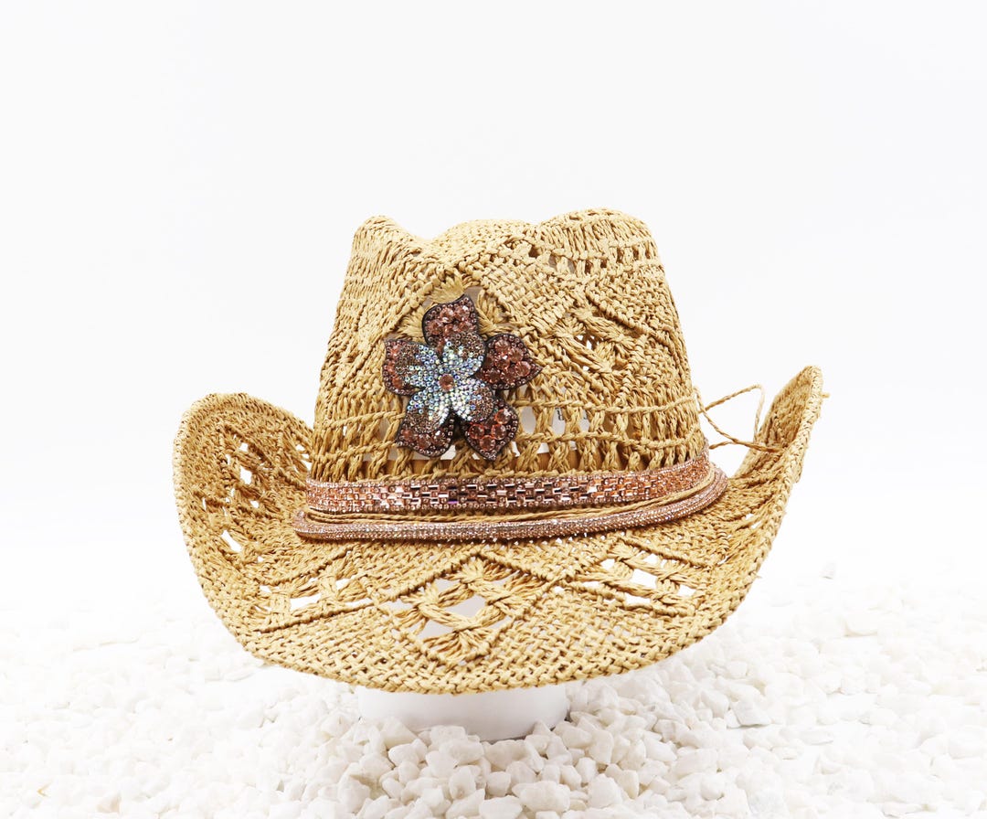 Western Cowgirl hat with sparkling rose gold hat band White Western Rose Gold Bling Hat | Bachelorette Party  main image 3