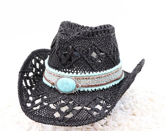 Stone Hats - Black Cowboy Hat & Natural Turquoise Stone encased in Antique Silver Setting - Aqua Boho Tribal Band Straw Hat Outdoor hat