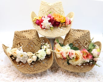 Blooms - Designer Bouquet Flower Blends on Natural Cowboy Hat - Shapeable 100% Cotton Straw Outdoor Sturdy Box