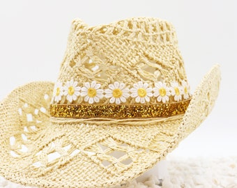 Golden Daisy Golden Rhinestone band and Daisy Flower Band on Natural Cowboy Hat  Shapeable 100% Cotton Straw Outdoor Breathable  Sturdy Box
