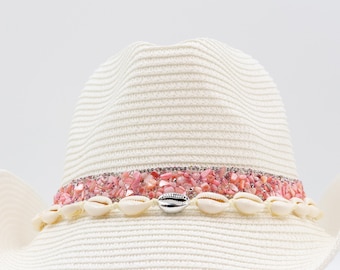 Pink Himalayan Bay Rhinestone Band on Natural Cowboy White Cowboy Hat & Seashells band - Larger fit Shapeable Outdoor Breathable