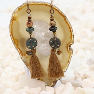 Patina Copper Dangle Earring Pair with Tassle - Bohemian Style Dangle Earrings Rustic Boho Copper Jewelry