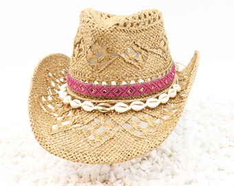 Tucson Pink and Gold Aztec Band & Seashells on Natural Tan Cowboy Hat - Shapeable 100% Cotton Straw Outdoor Breathable Sturdy Box