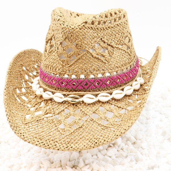 Tucson Pink and Gold Aztec Band & Seashells on Natural Tan Cowboy Hat - Shapeable 100% Cotton Straw Outdoor Breathable Sturdy Box