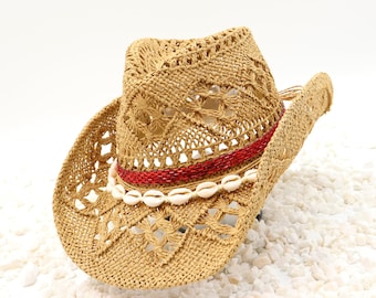 Sexy on the Beach - Red Gold band and Seashells on Natural Cowboy Hat - Golden Life - Red Gold Mirror Band - Shapeable Cotton Straw Outdoor