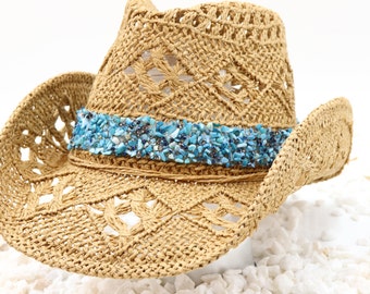 3443 Western Straw Cowboy Hat Boho Men Women With Turquoise Beaded Band Straw Cowboy Hat for Women and Men with Shape-It Brim  main image 4