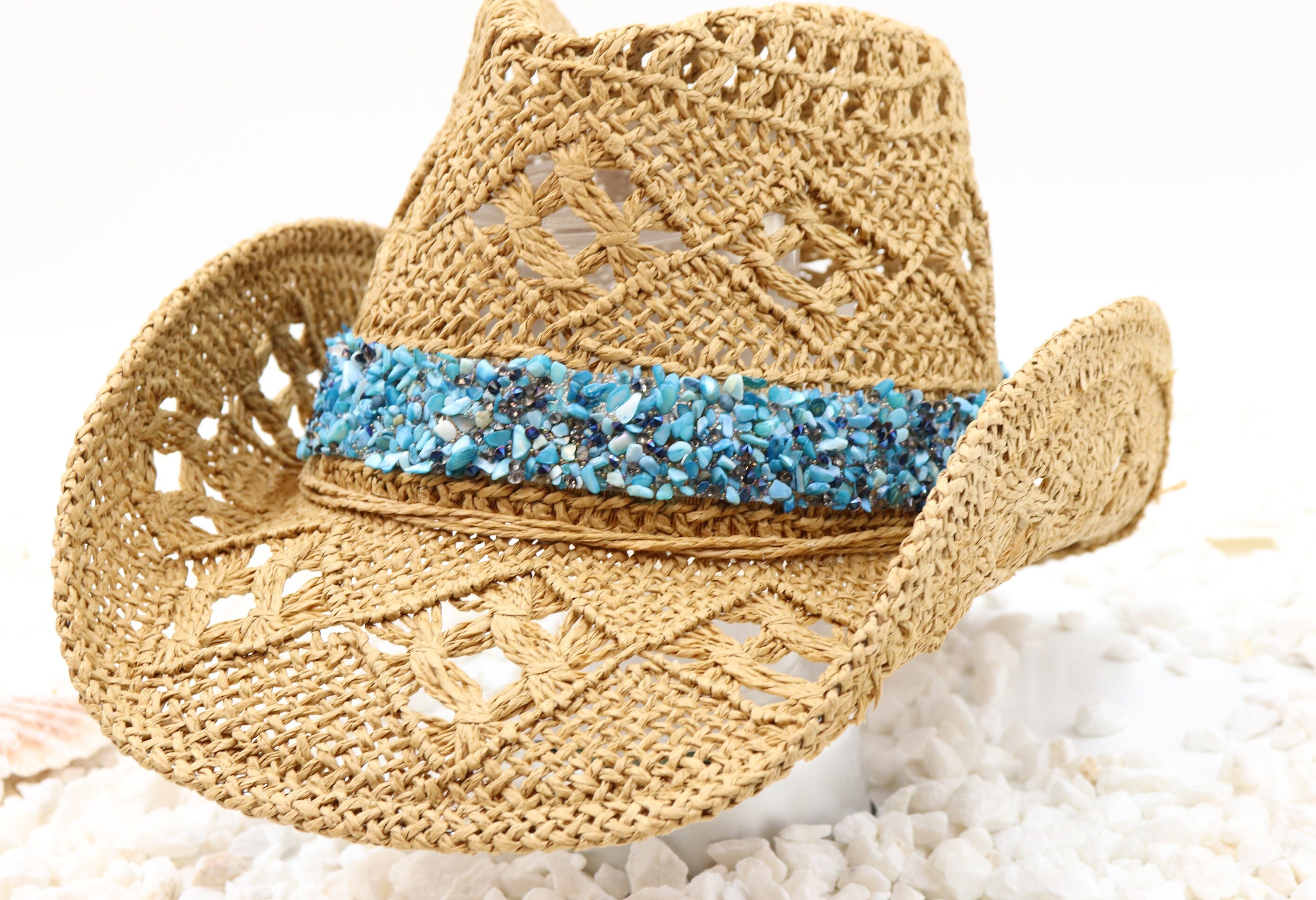 6351 Western Straw Cowboy Hat Boho Men Women With Turquoise Beaded Band Straw Cowboy Hat with Turquoise Embroidered Band - Milani  main image 4