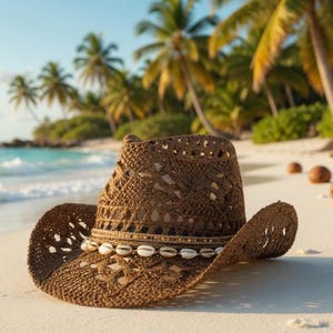 New! Coco Brown Cowboy Hat with Cream & Gold Seashells and Golden Mirror Band - Shapeable 100%  Straw Outdoor Breathable Sturdy Box New 2025