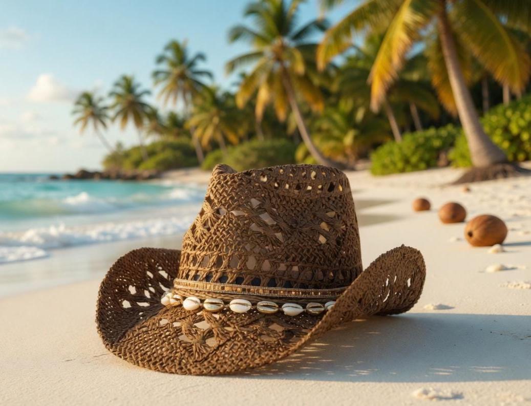 Cappelli Straw Hat Artsy Boho Unique Beach Country Western Summer Brown Tan Boho Cowgirl Hat | Handmade Straw Hat With Shells  main image 4