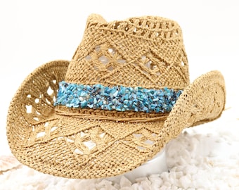 Cowboy Hat - Turquoise Aqua Natural Stone Accent Band - Aqua and Turquoise stone band with sparkle accents - Beach Shapeable Hat Sturdy Box