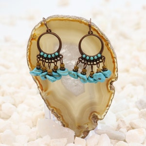 Patina Copper Turquoise Rustic Design Earring Pair - Bohemian Style Dangle Earrings Rustic Boho Copper Jewelry