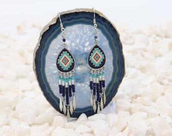 Boho Aztec Earring Designs -Silver Navy and Aqua Dangle Earring Pair  - Bohemian Style Dangle Earrings Rustic Boho Jewelry