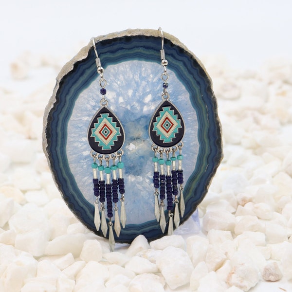 Boho Aztec Earring Designs -Silver Navy and Aqua Dangle Earring Pair  - Bohemian Style Dangle Earrings Rustic Boho Jewelry