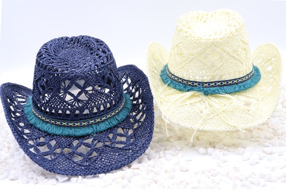 Aztec Boho Ruffle Trim on Navy / Cream Cowboy Hat - Beach  display picture 1
