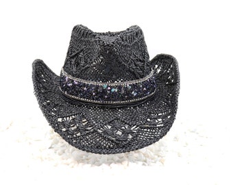 Midnight Geodes & Natural Stone Mix band on Natural Straw Cowboy Hat - Black Stone Mix Gold and Silver Bling Accent Rhinestones - Sturdy Box