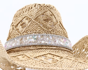 Geodes & Natural Stone Mix band on Natural Straw Cowboy Hat - White Stone Mix  with Gold and Silver Bling Accent Rhinestones - Sturdy Box