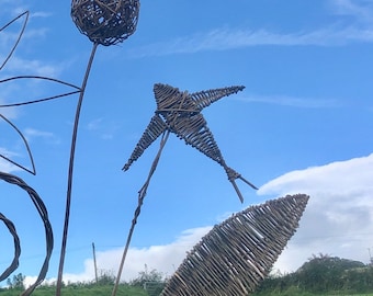Willow Garden Sculpture: Handmade Bird, Seed Pod, Leaf Decorations