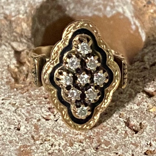 Début des années 1900 14k Or Jaune Époque Victorienne Navette en forme de Diamant et Émail Bague Taille 5.75