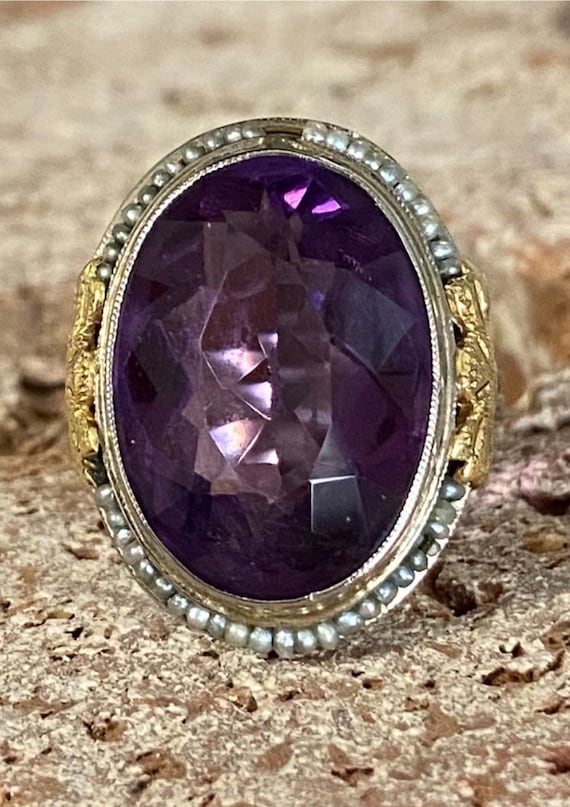 Antique 14kt Gold Amethyst and Seed Pearl Ring