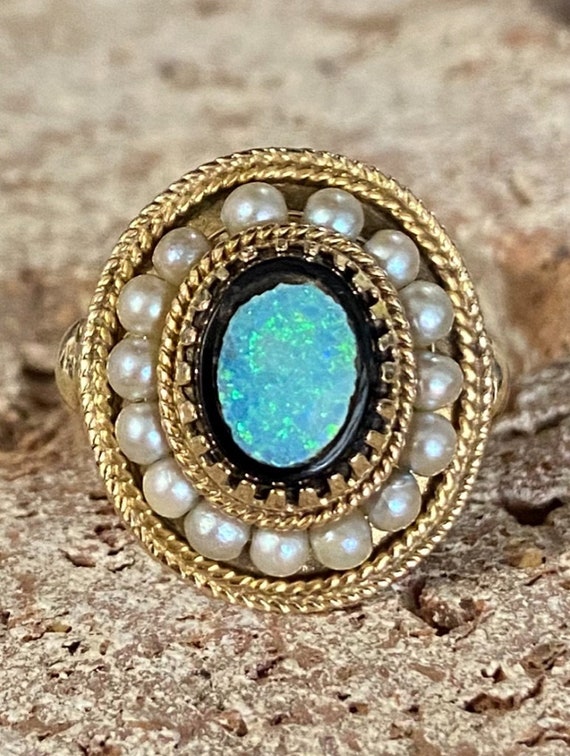 Early 1900s 14k Yellow Gold Opal and Pearl Ring S… - image 1